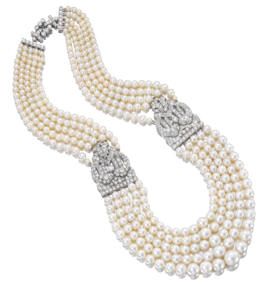 Cartier 1930s pearl, platinum and diamond necklace at the V&A Photo by Sothebys