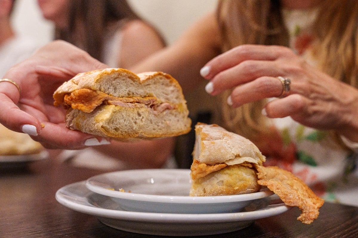 Bifana (portuguese pork sandwich) close-up.